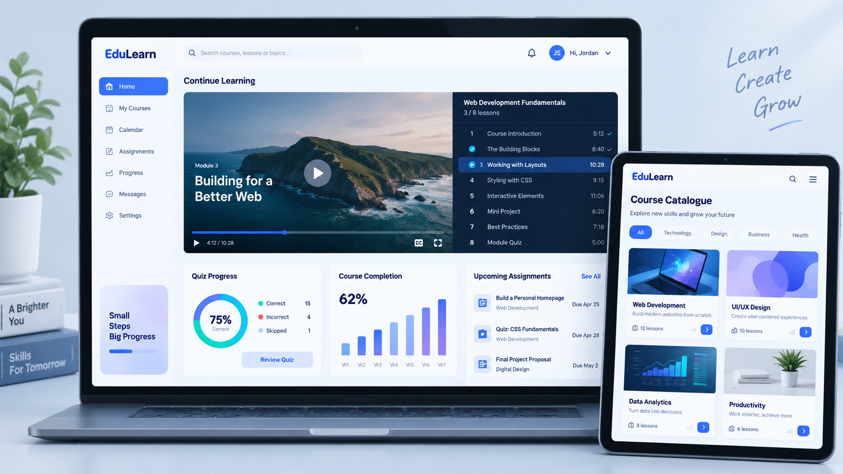 EduLearn course catalogue and student progress dashboard