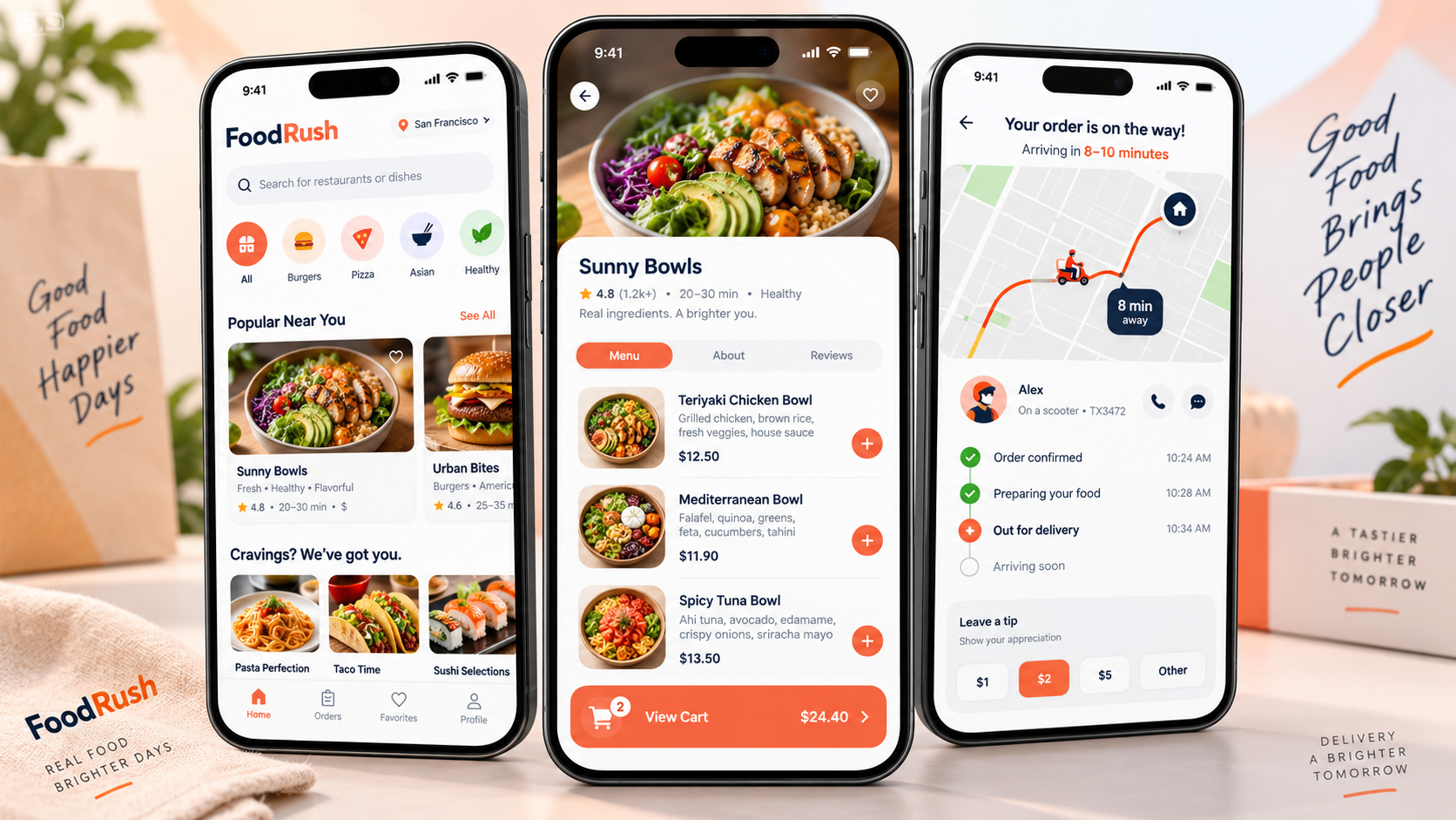 FoodRush restaurant ordering and delivery tracking mobile screens