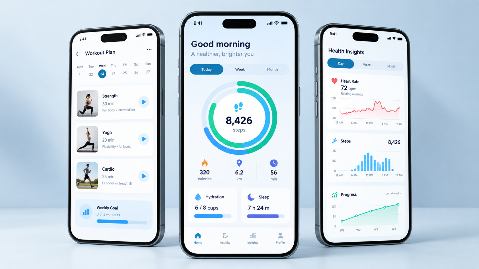 HealthTrack mobile fitness and activity tracking screens