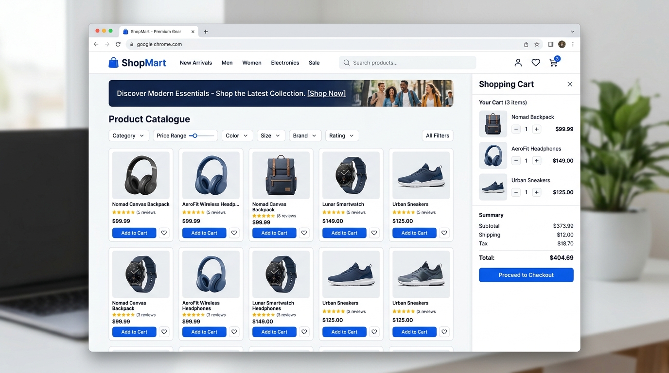 ShopEase e-commerce product catalogue and checkout interface